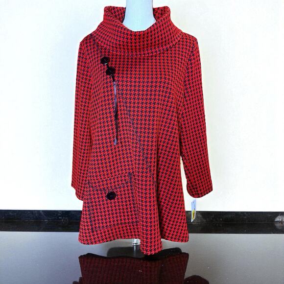 NWT Calessa Womens Stretch Knit Houndstooth Cowl Neck Tunic Top Size L Red Black - Picture 1 of 16